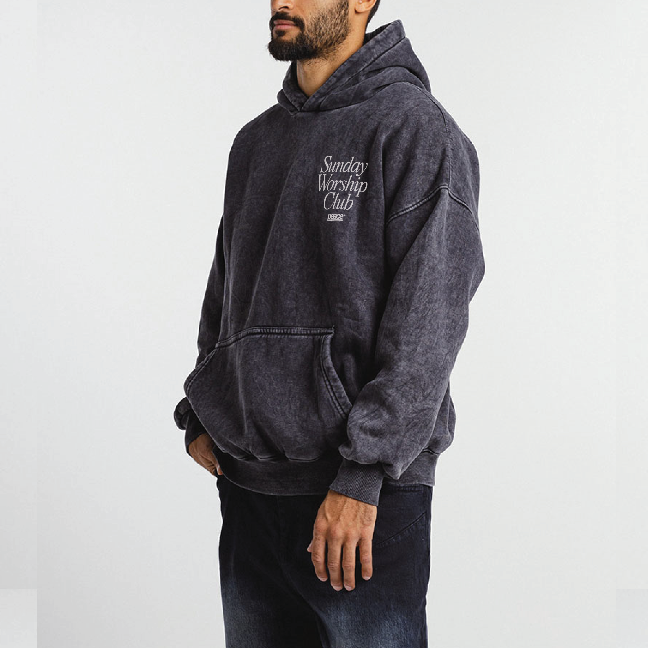 Sunday Worship Club Premium Black Acid Washed Oversized Hoodie | Peace® ODMPOD