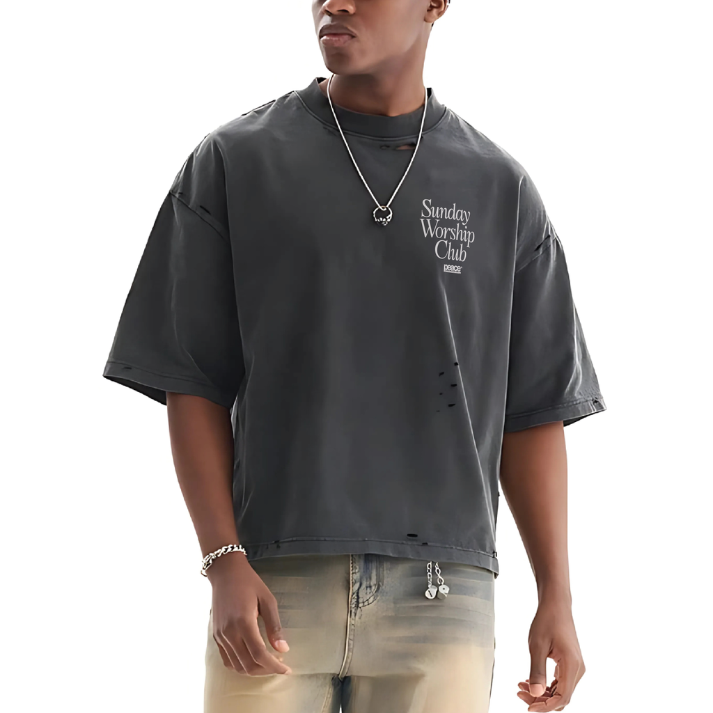 Sunday Worship Club Frayed Boxy Tee Wash Black | Peace® ODMPOD