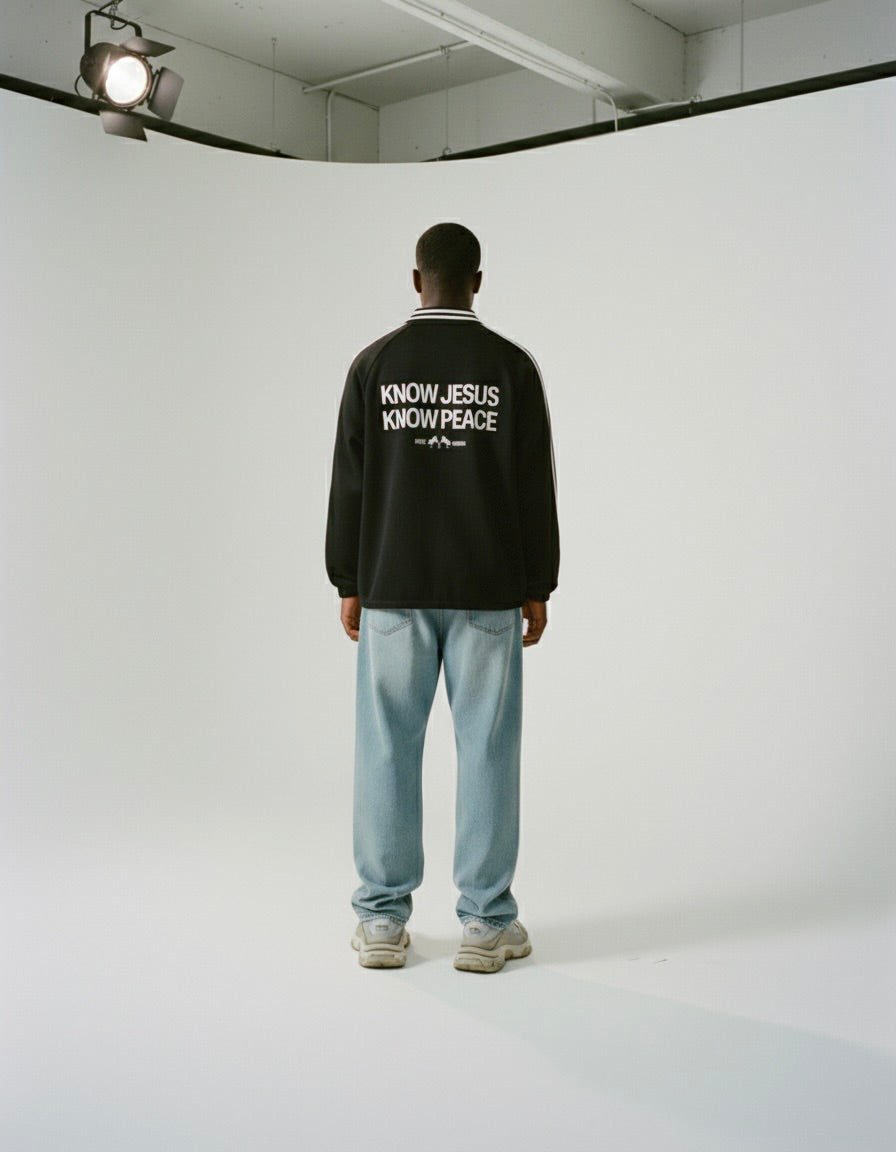 Know Jesus, Know Peace Signature Black Striped Collar Sweatshirt | Peace®