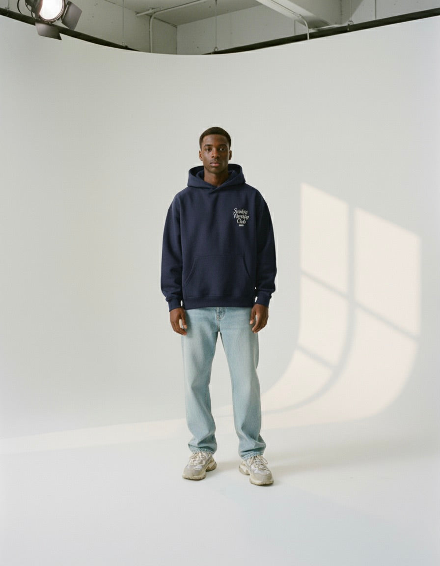 Sunday Worship Club Navy Blue Oversized Heavyweight Hoodie | Peace®