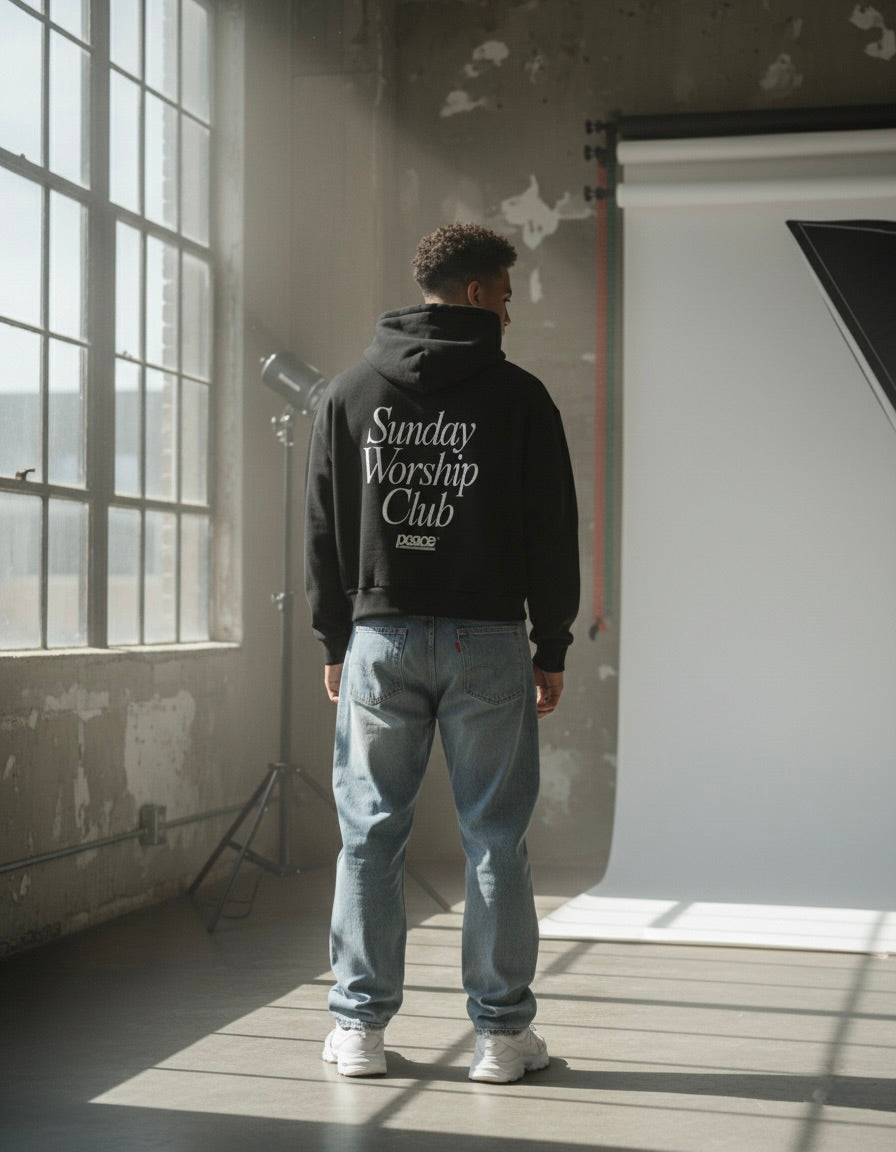 Sunday Worship Club Premium Black Boxy Hoodie | Peace®
