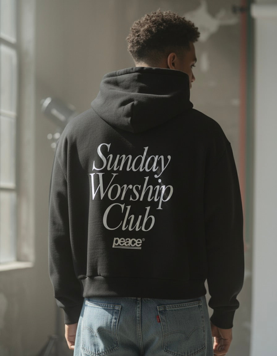 Sunday Worship Club Premium Black Boxy Hoodie | Peace®