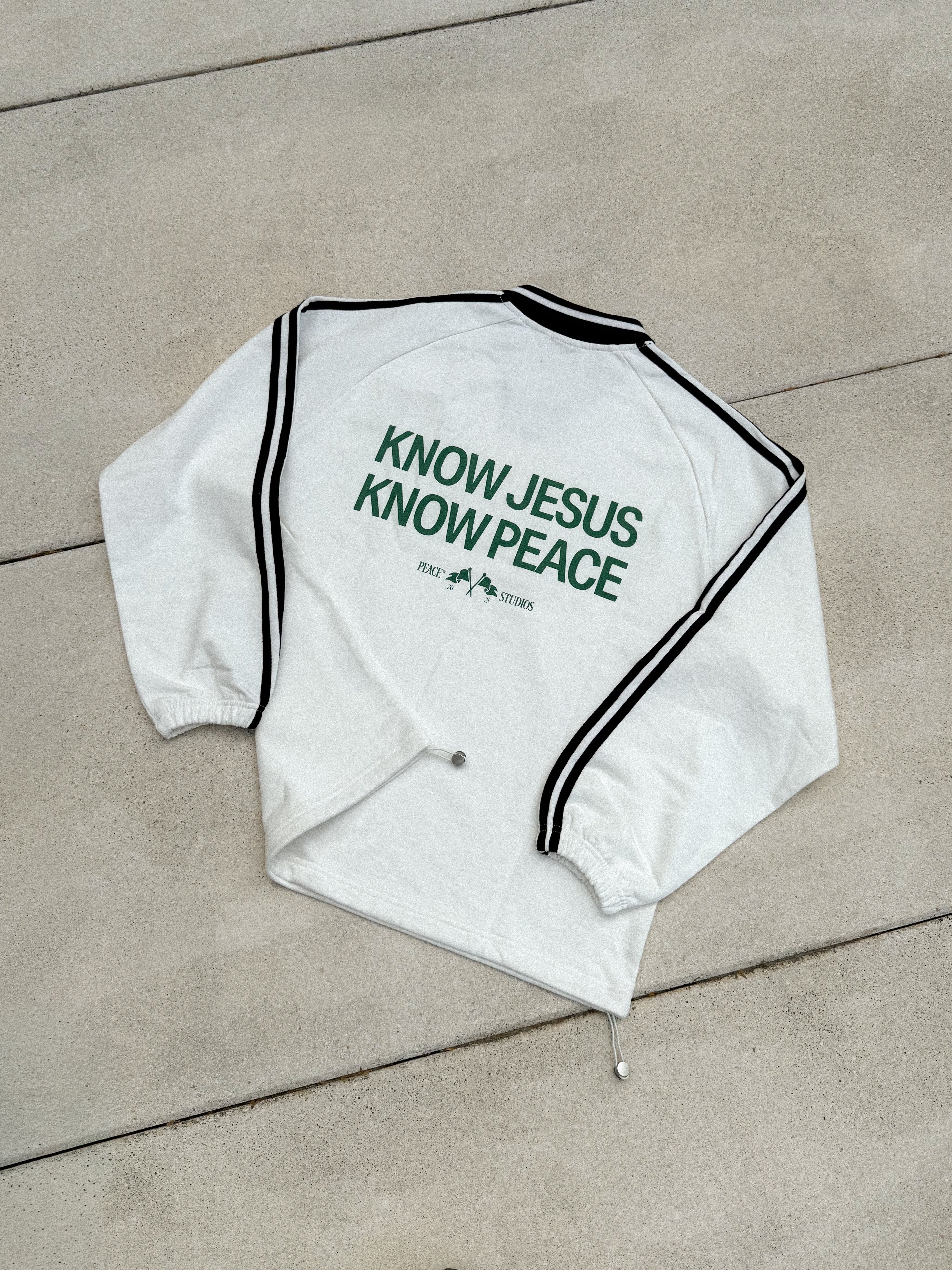 Know Jesus, Know Peace Signature White Striped Collar Sweatshirt | Peace®