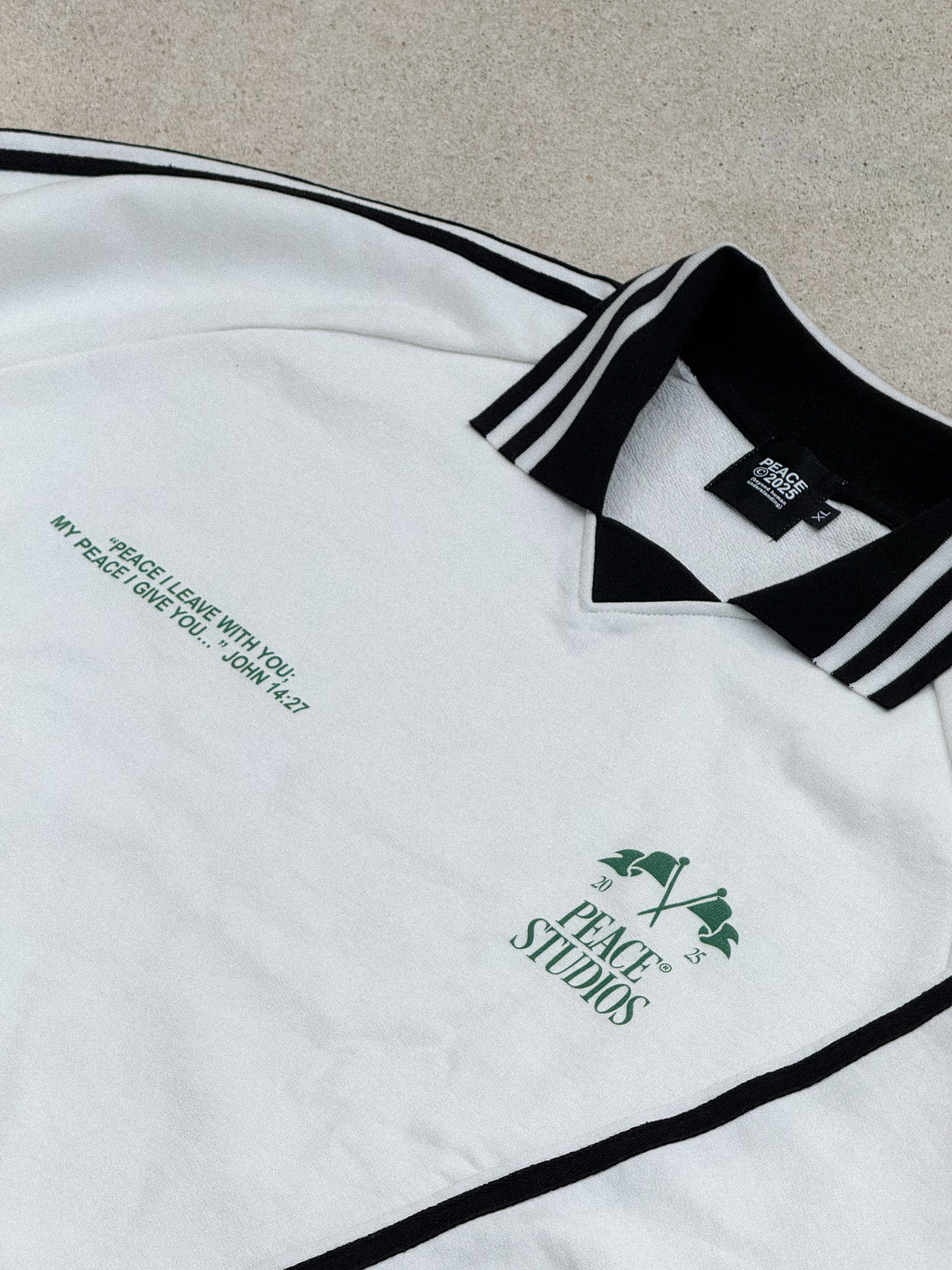 Know Jesus, Know Peace Signature White Striped Collar Sweatshirt | Peace®