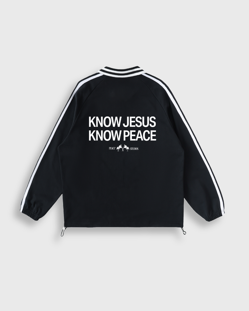 Know Jesus, Know Peace Signature Black Striped Collar Sweatshirt | Peace®