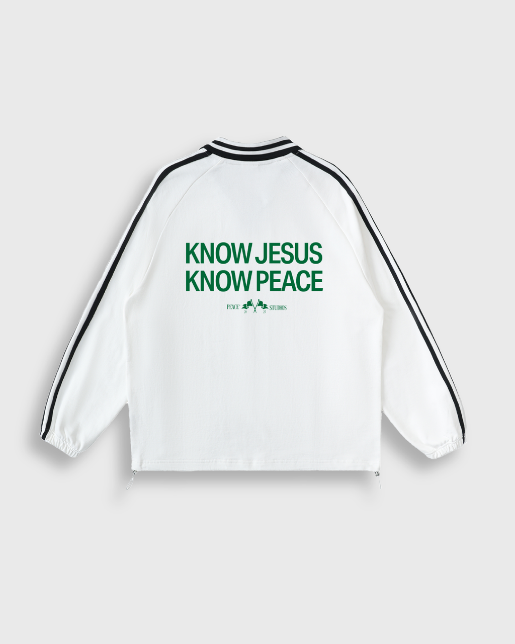 Know Jesus, Know Peace Signature White Striped Collar Sweatshirt | Peace®