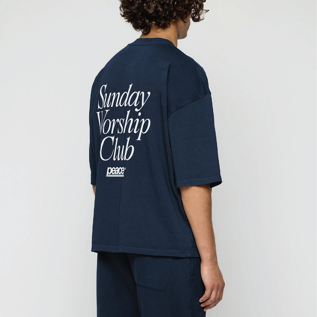 Sunday Worship Club Navy Blue Loose Fit Heavyweight Tee | Peace® ODMPOD
