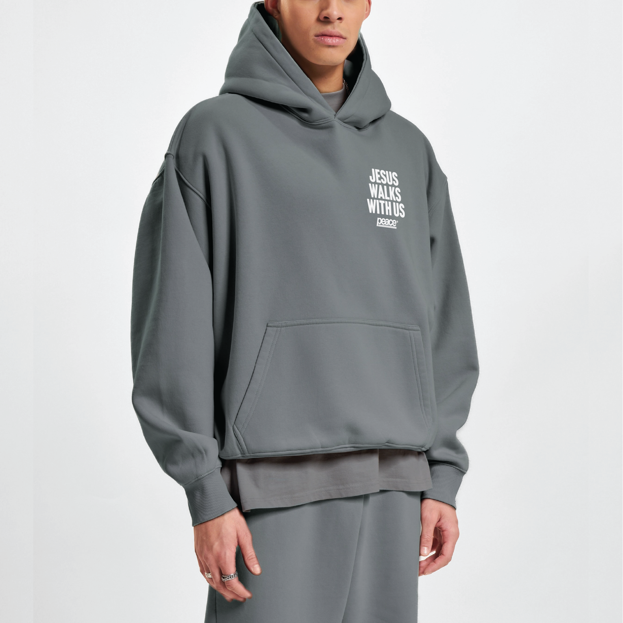 Jesus Walks With Us Gray Oversized Heavyweight Hoodie | Peace® ODMPOD