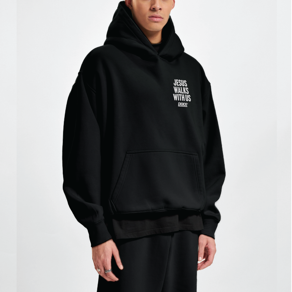 Jesus Walks With Us Black Oversized Heavyweight Hoodie | Peace® ODMPOD