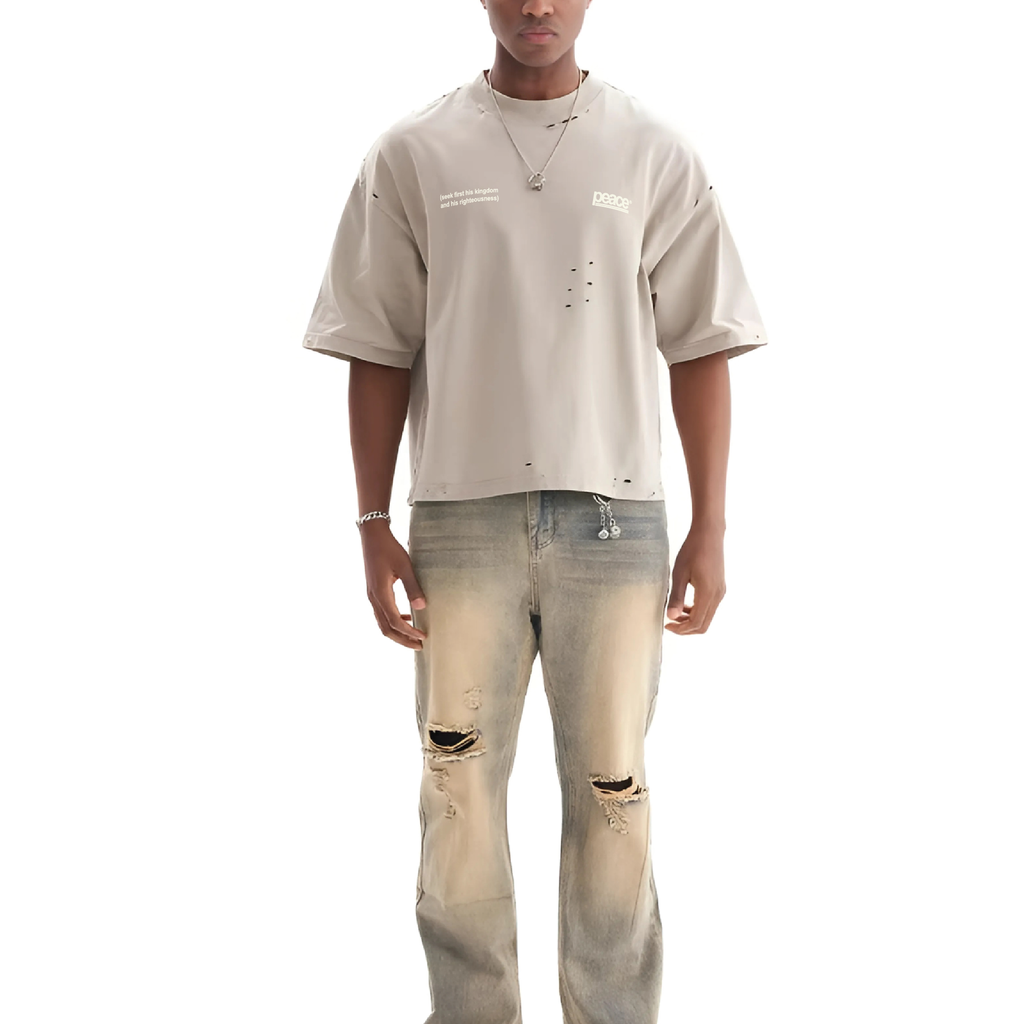 Heaven’s Passion Frayed Boxy Tee Wash Beige | Peace® PEACE STORE