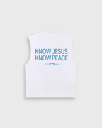 Know Jesus, Know Peace White Blue Raw Edge Tank Top | Peace®