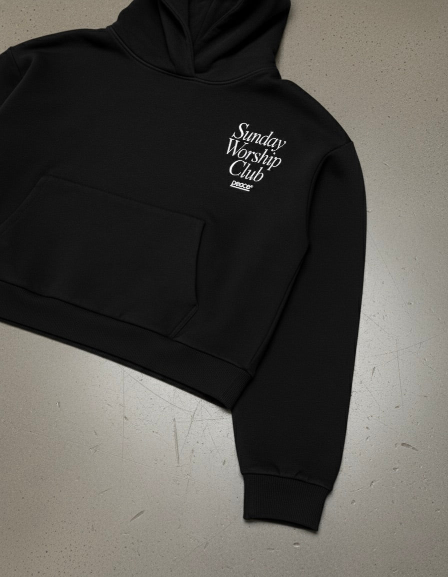 Sunday Worship Club Premium Black Boxy Hoodie | Peace®