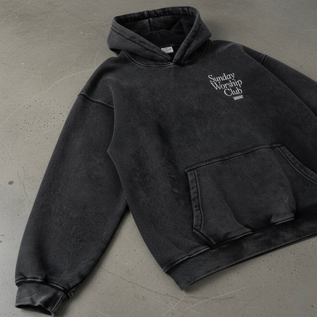 Sunday Worship Club Premium Black Acid Washed Oversized Hoodie | Peace®