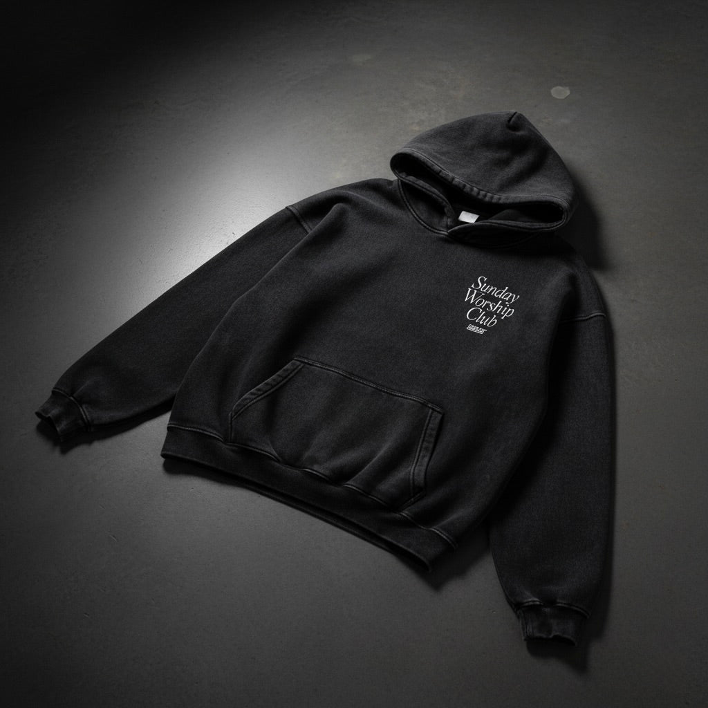 Sunday Worship Club Premium Black Acid Washed Oversized Hoodie | Peace®